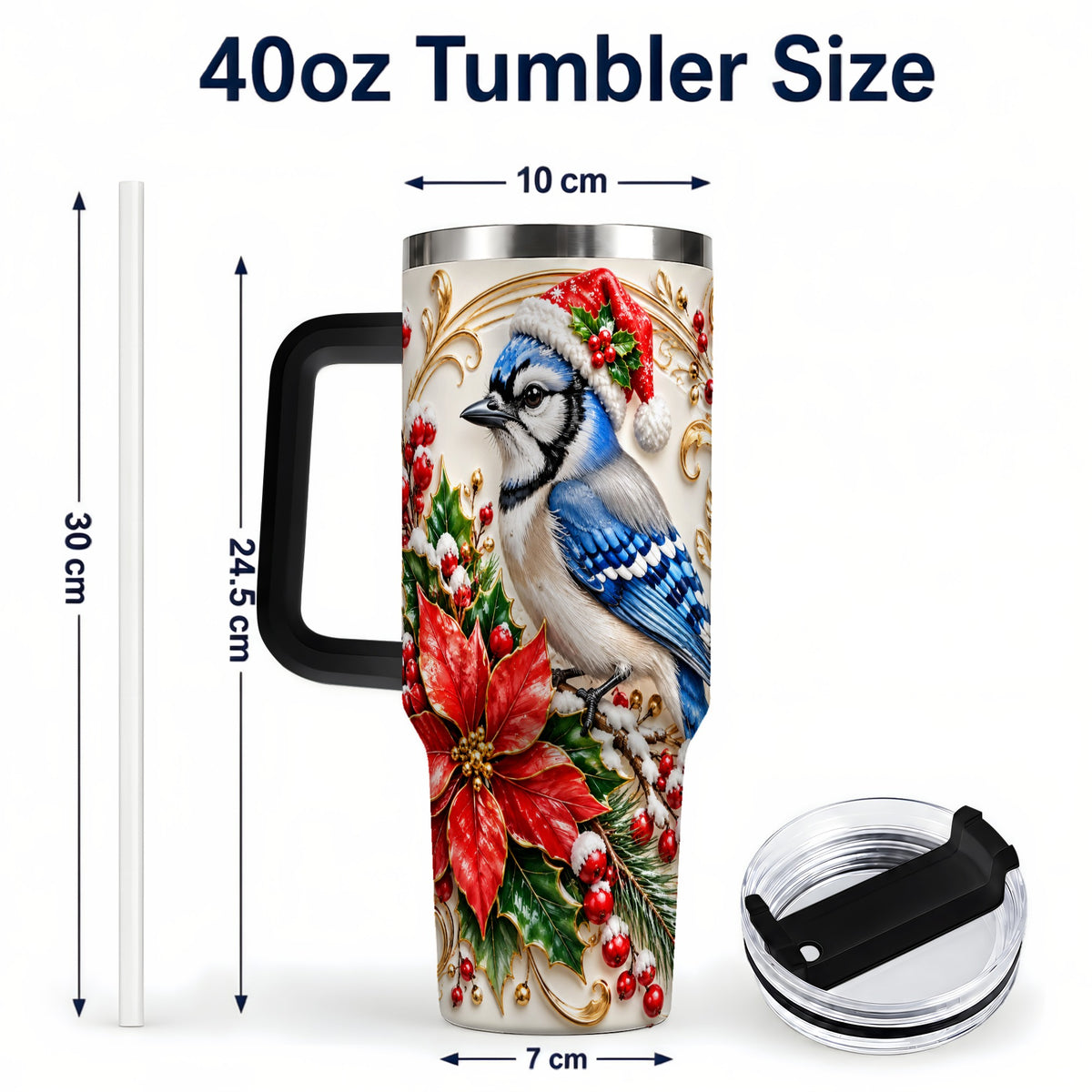 #pl[40oz|Black] Christmas Blue Jay Tumbler 40oz, Winter Bird Stainless Steel Travel Cup