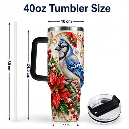 #pl[40oz|Black] Christmas Blue Jay Tumbler 40oz, Winter Bird Stainless Steel Travel Cup