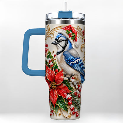 #pl[40oz|Blue] Christmas Blue Jay Tumbler 40oz, Winter Bird Stainless Steel Travel Cup