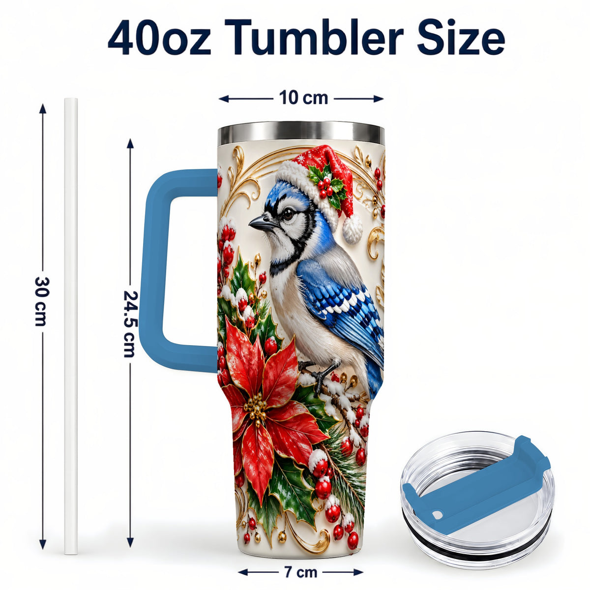 #pl[40oz|Blue] Christmas Blue Jay Tumbler 40oz, Winter Bird Stainless Steel Travel Cup