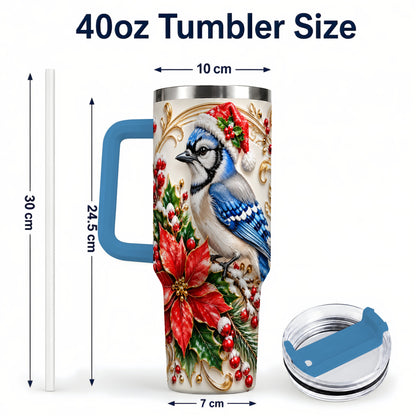 #pl[40oz|Blue] Christmas Blue Jay Tumbler 40oz, Winter Bird Stainless Steel Travel Cup