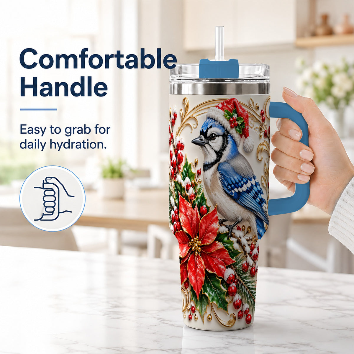 #pl[40oz|Blue] Christmas Blue Jay Tumbler 40oz, Winter Bird Stainless Steel Travel Cup