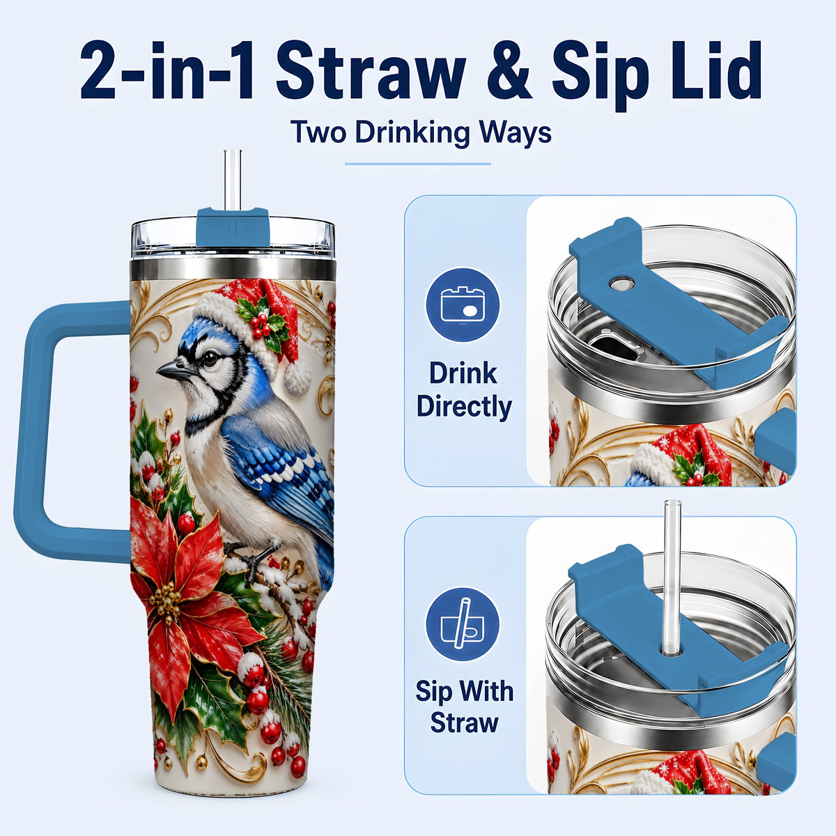 #pl[40oz|Blue] Christmas Blue Jay Tumbler 40oz, Winter Bird Stainless Steel Travel Cup