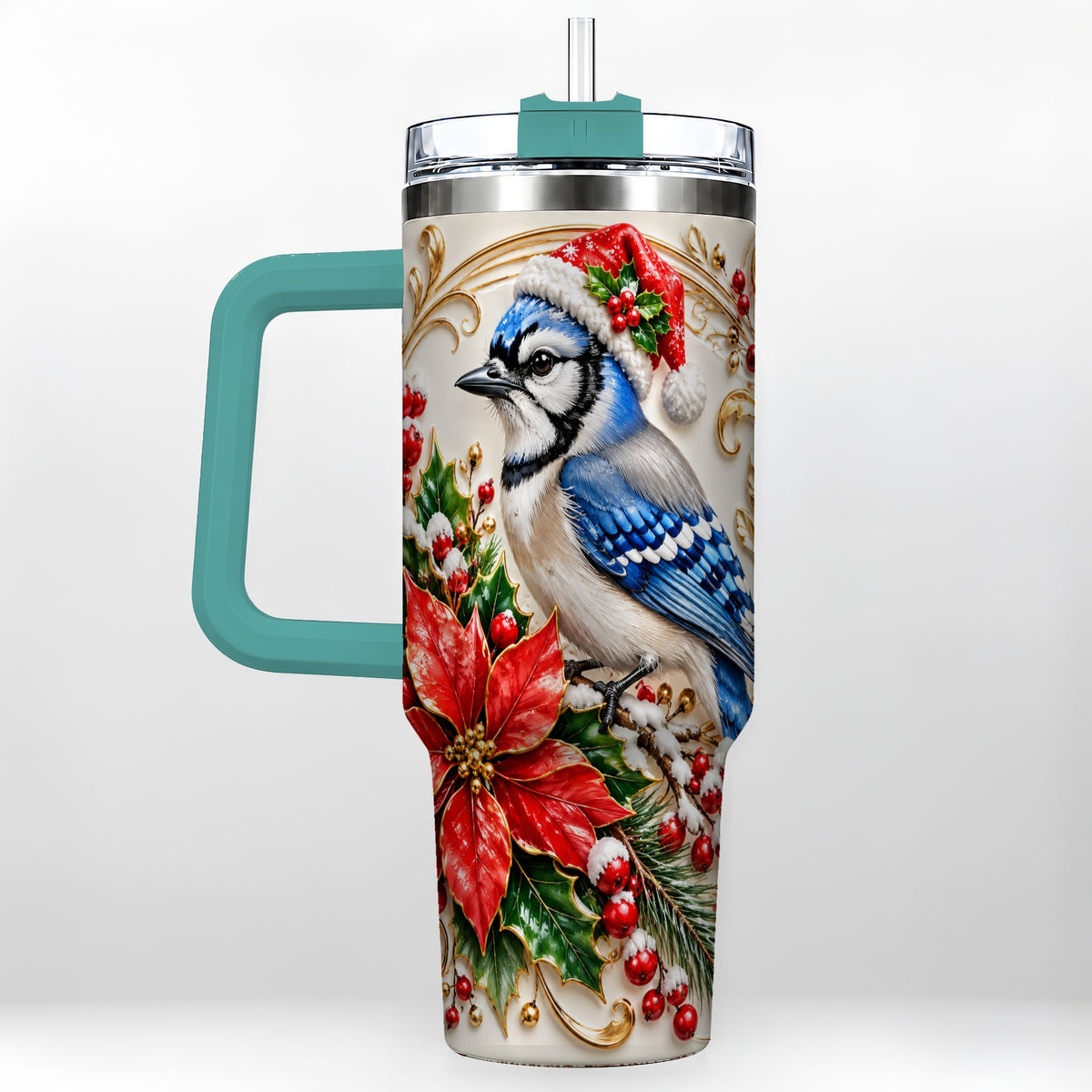 #pl[40oz|Green] Christmas Blue Jay Tumbler 40oz, Winter Bird Stainless Steel Travel Cup