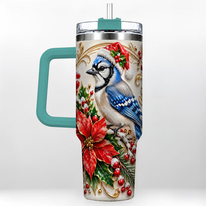 #pl[40oz|Green] Christmas Blue Jay Tumbler 40oz, Winter Bird Stainless Steel Travel Cup