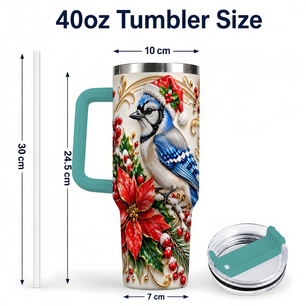 #pl[40oz|Green] Christmas Blue Jay Tumbler 40oz, Winter Bird Stainless Steel Travel Cup