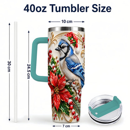 #pl[40oz|Green] Christmas Blue Jay Tumbler 40oz, Winter Bird Stainless Steel Travel Cup