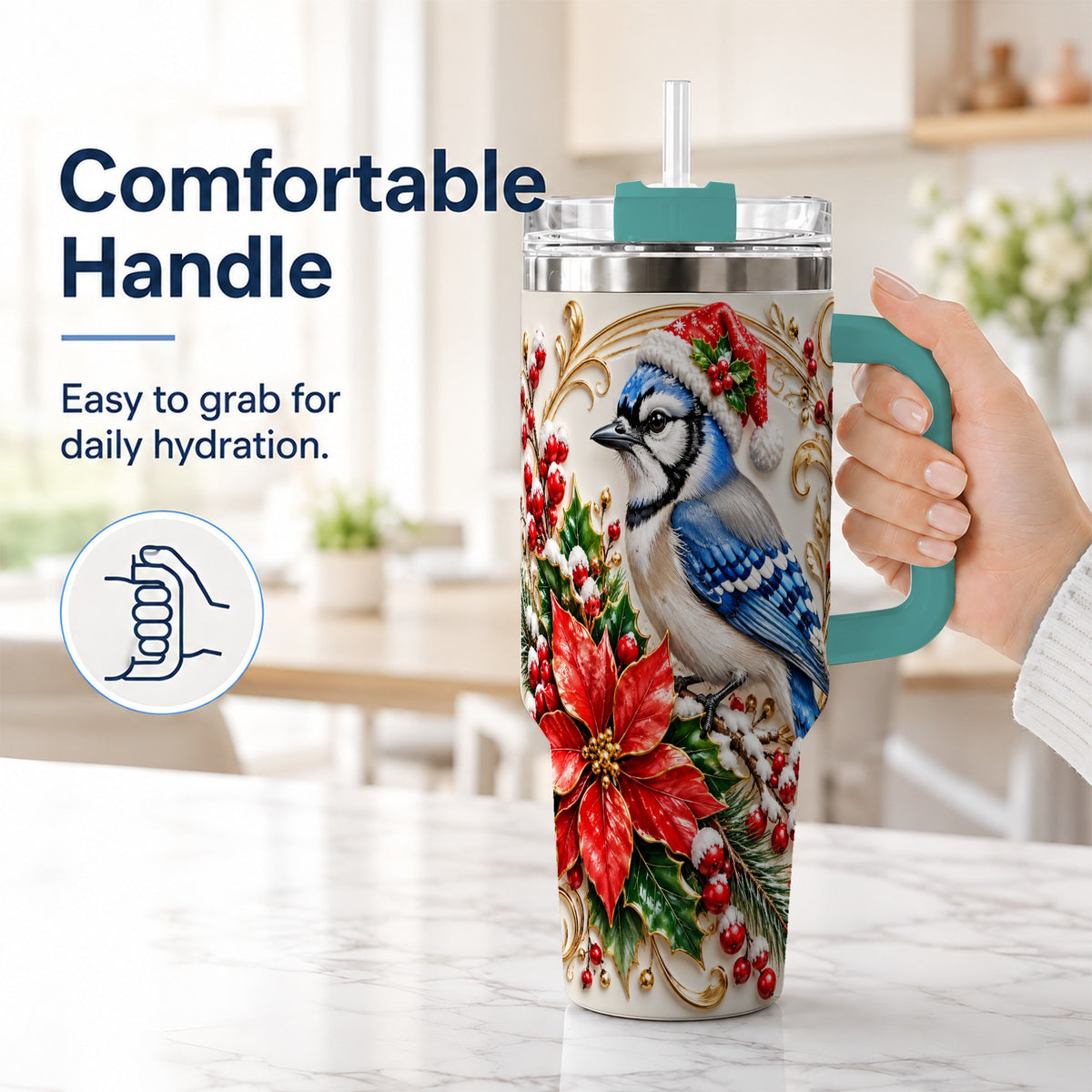 #pl[40oz|Green] Christmas Blue Jay Tumbler 40oz, Winter Bird Stainless Steel Travel Cup