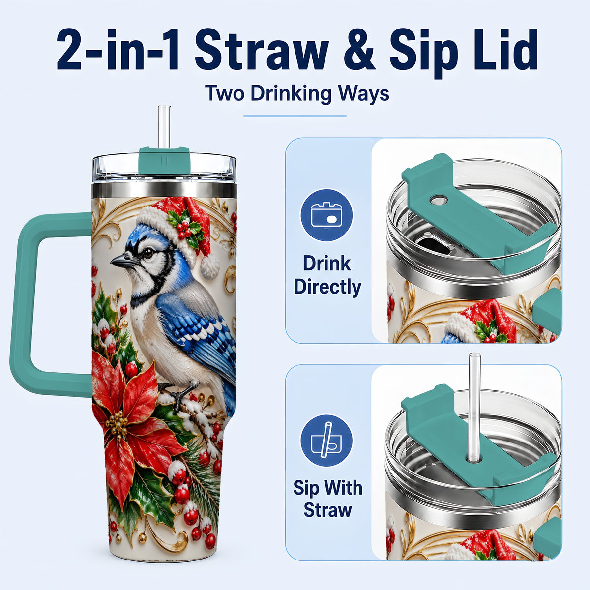 #pl[40oz|Green] Christmas Blue Jay Tumbler 40oz, Winter Bird Stainless Steel Travel Cup