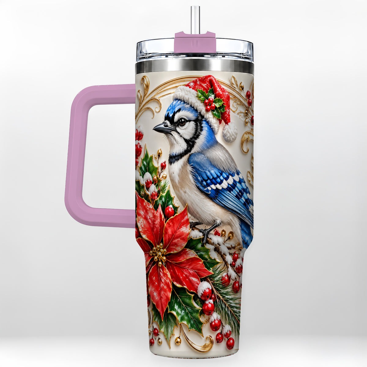 #pl[40oz|Pink] Christmas Blue Jay Tumbler 40oz, Winter Bird Stainless Steel Travel Cup