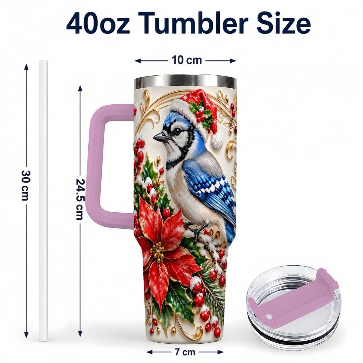 #pl[40oz|Pink] Christmas Blue Jay Tumbler 40oz, Winter Bird Stainless Steel Travel Cup