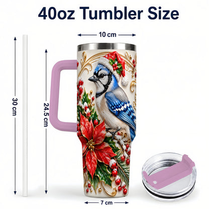 #pl[40oz|Pink] Christmas Blue Jay Tumbler 40oz, Winter Bird Stainless Steel Travel Cup