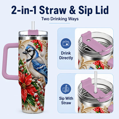 #pl[40oz|Pink] Christmas Blue Jay Tumbler 40oz, Winter Bird Stainless Steel Travel Cup