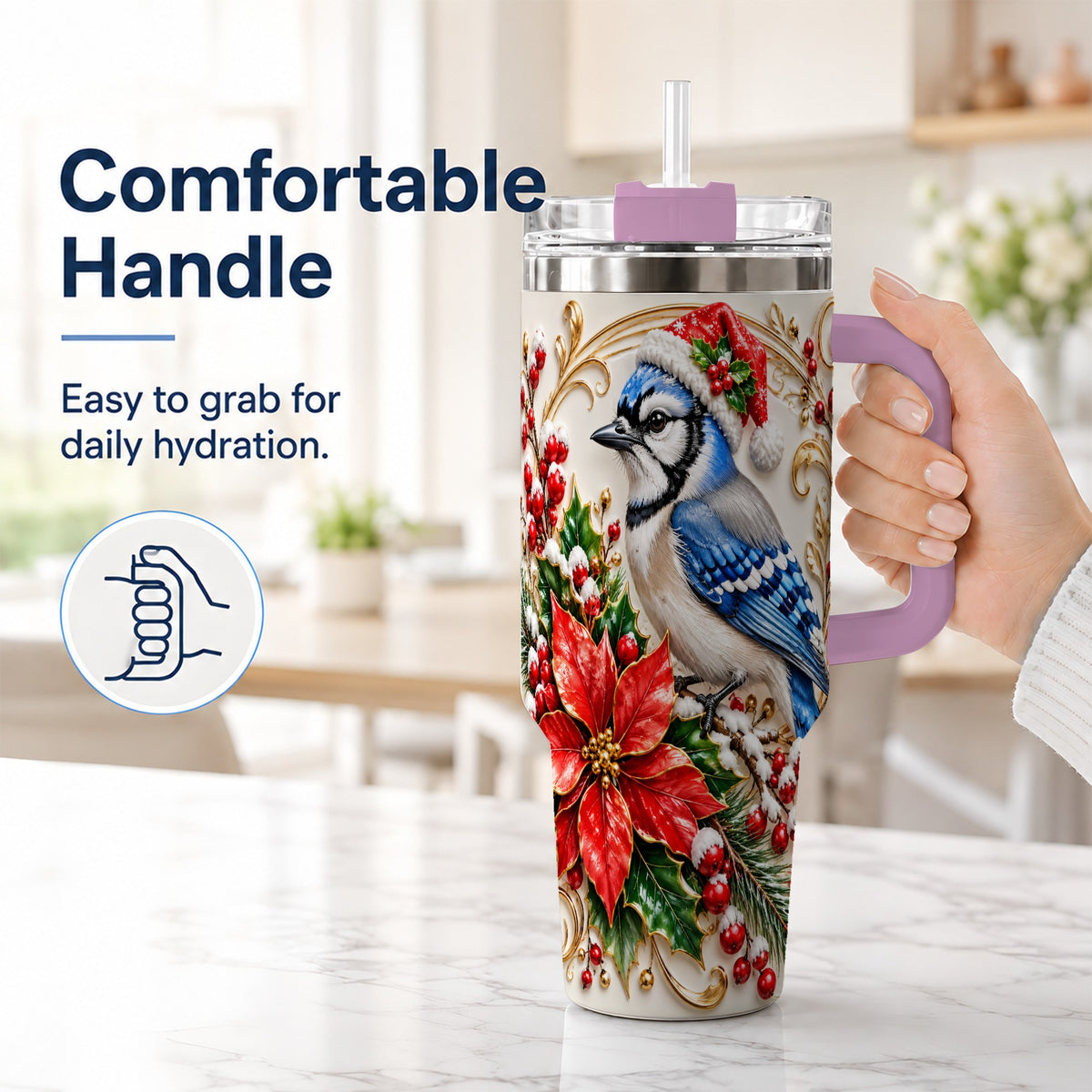 #pl[40oz|Pink] Christmas Blue Jay Tumbler 40oz, Winter Bird Stainless Steel Travel Cup