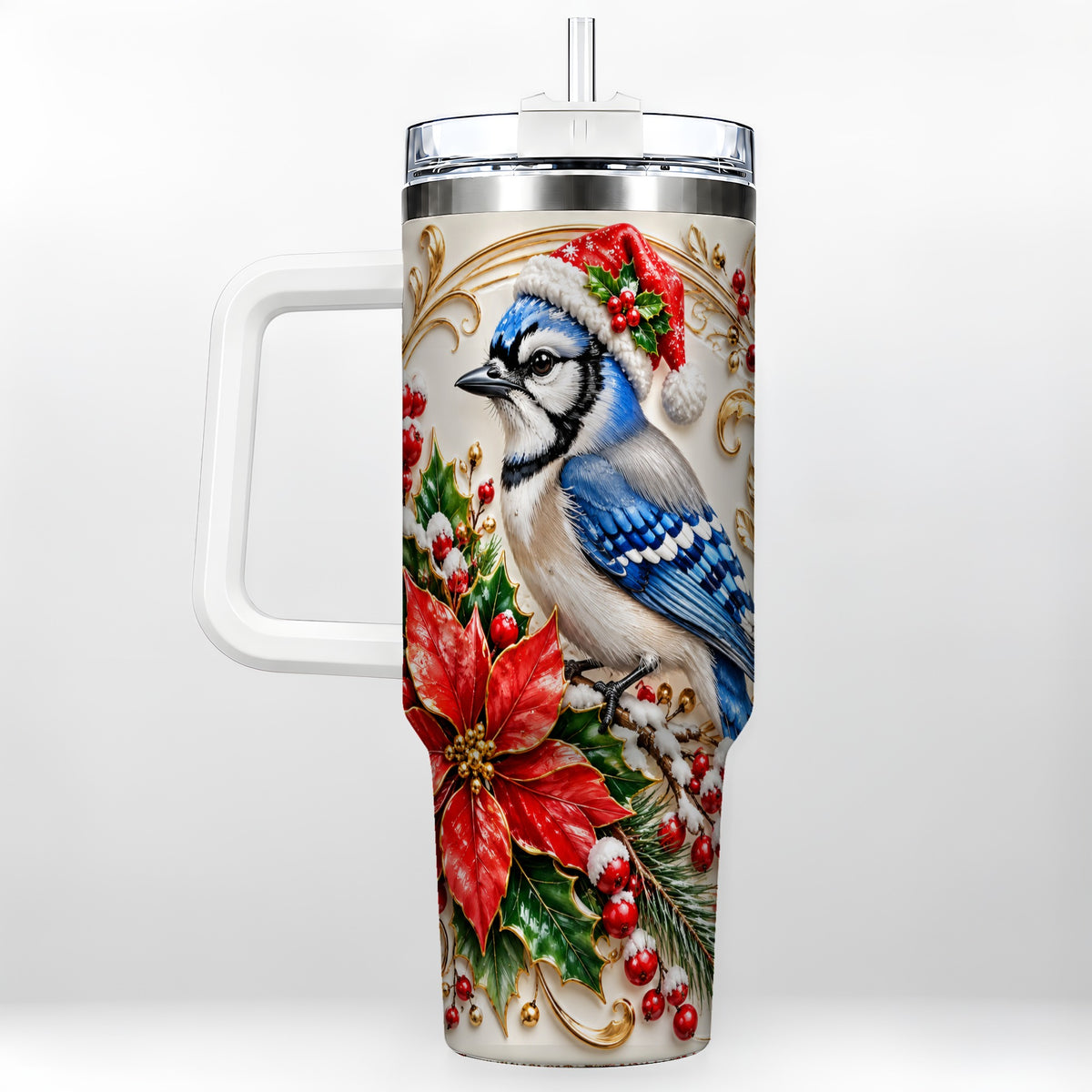 Christmas Blue Jay Tumbler 40oz, Winter Bird Stainless Steel Travel Cup