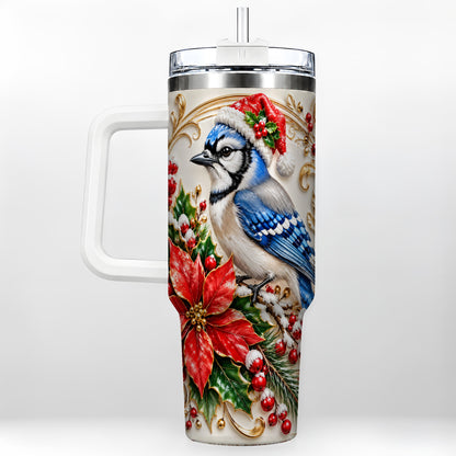 Christmas Blue Jay Tumbler 40oz, Winter Bird Stainless Steel Travel Cup