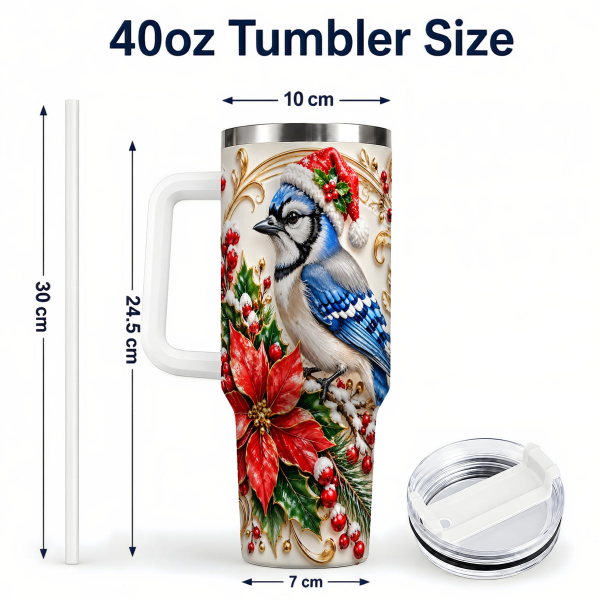 #pl[40oz|White] Christmas Blue Jay Tumbler 40oz, Winter Bird Stainless Steel Travel Cup