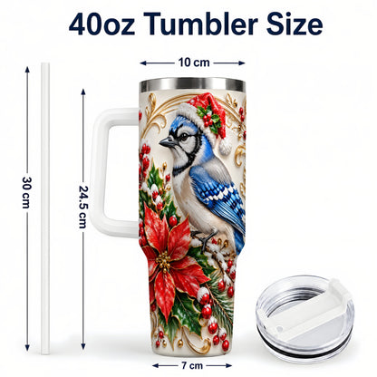 #pl[40oz|White] Christmas Blue Jay Tumbler 40oz, Winter Bird Stainless Steel Travel Cup