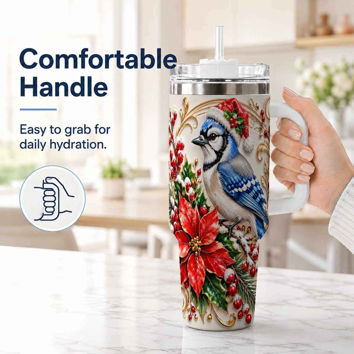 #pl[40oz|White] Christmas Blue Jay Tumbler 40oz, Winter Bird Stainless Steel Travel Cup