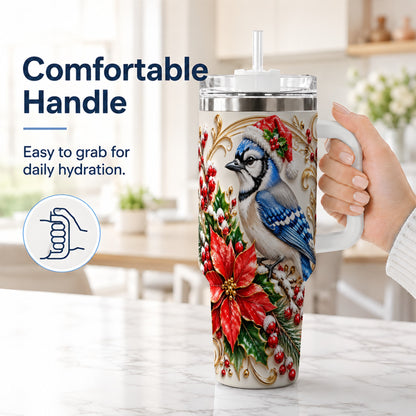 #pl[40oz|White] Christmas Blue Jay Tumbler 40oz, Winter Bird Stainless Steel Travel Cup