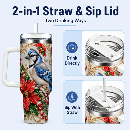 #pl[40oz|White] Christmas Blue Jay Tumbler 40oz, Winter Bird Stainless Steel Travel Cup