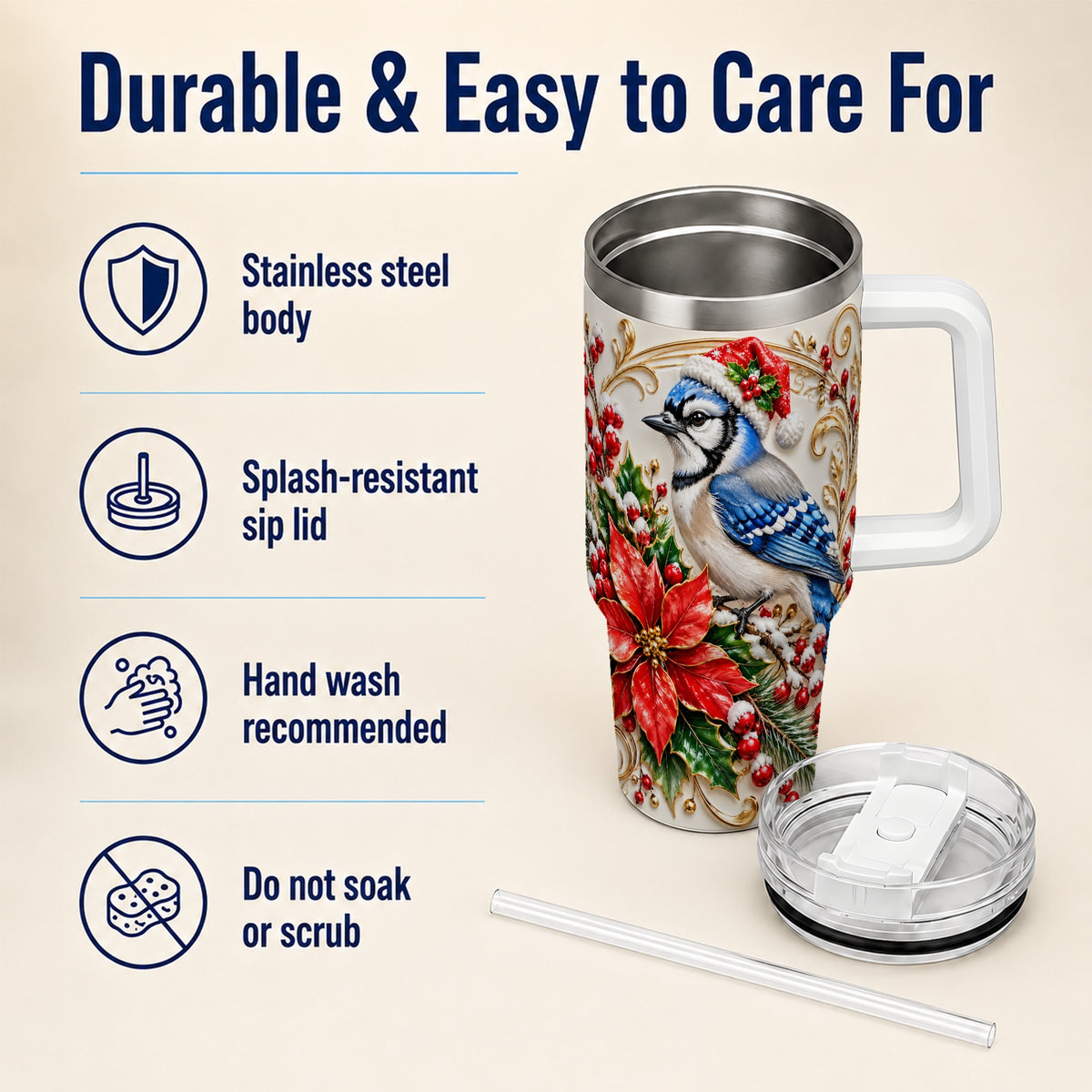 Christmas Blue Jay Tumbler 40oz, Winter Bird Stainless Steel Travel Cup
