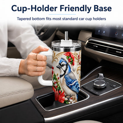 Christmas Blue Jay Tumbler 40oz, Winter Bird Stainless Steel Travel Cup
