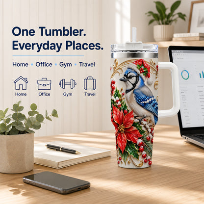 Christmas Blue Jay Tumbler 40oz, Winter Bird Stainless Steel Travel Cup