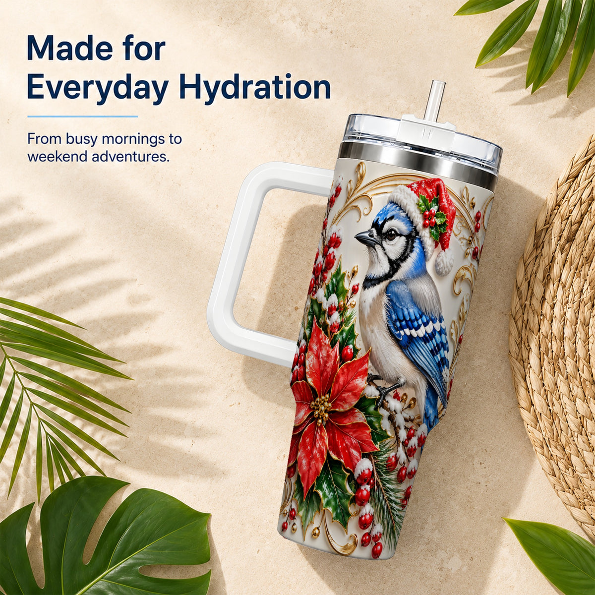 Christmas Blue Jay Tumbler 40oz, Winter Bird Stainless Steel Travel Cup