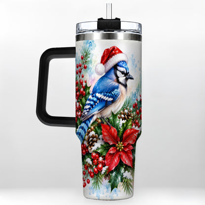 #pl[40oz|Black] Watercolor Blue Jay Tumbler 40oz, Christmas Bird Stainless Steel Travel Cup