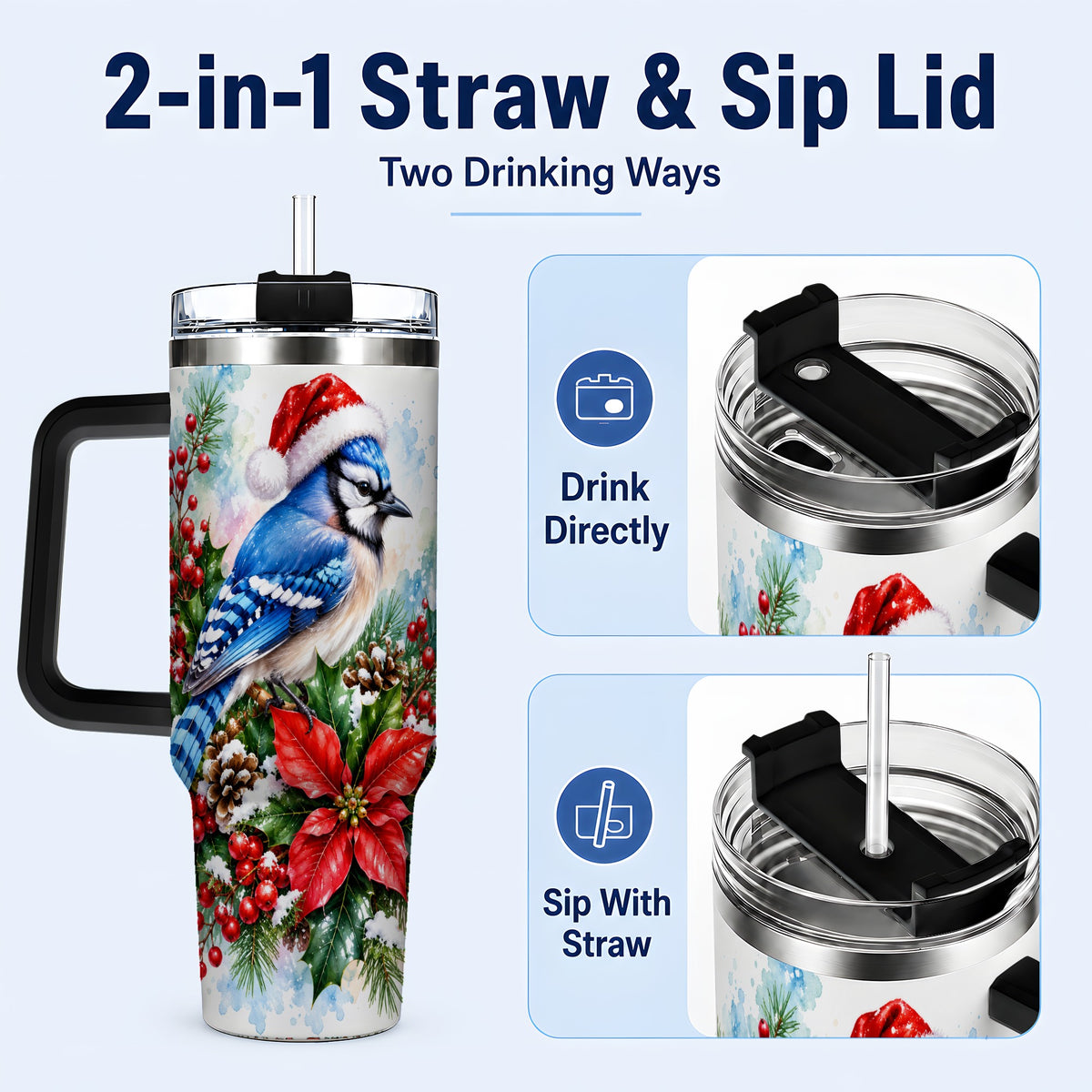 #pl[40oz|Black] Watercolor Blue Jay Tumbler 40oz, Christmas Bird Stainless Steel Travel Cup