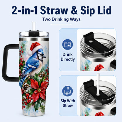 #pl[40oz|Black] Watercolor Blue Jay Tumbler 40oz, Christmas Bird Stainless Steel Travel Cup