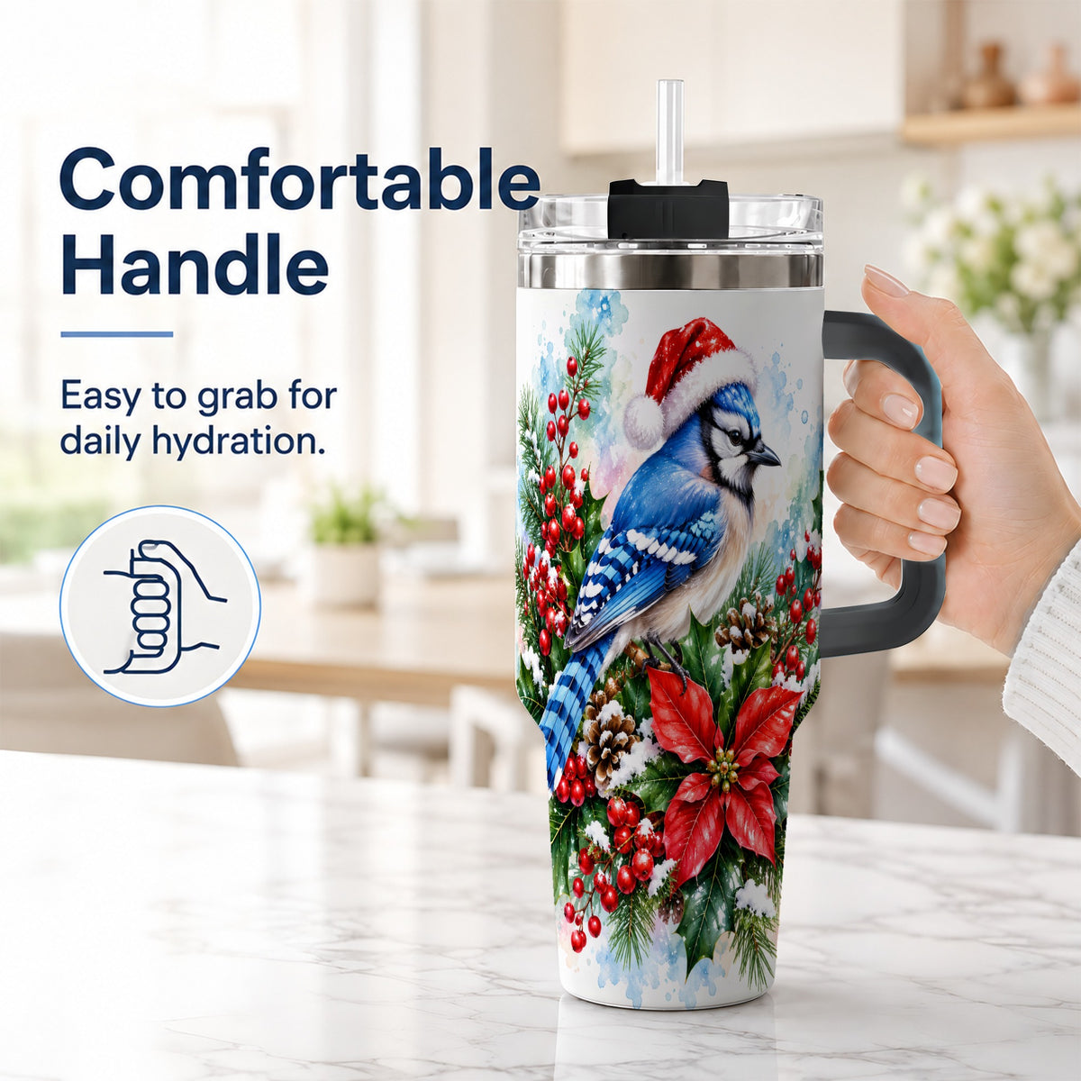 #pl[40oz|Black] Watercolor Blue Jay Tumbler 40oz, Christmas Bird Stainless Steel Travel Cup