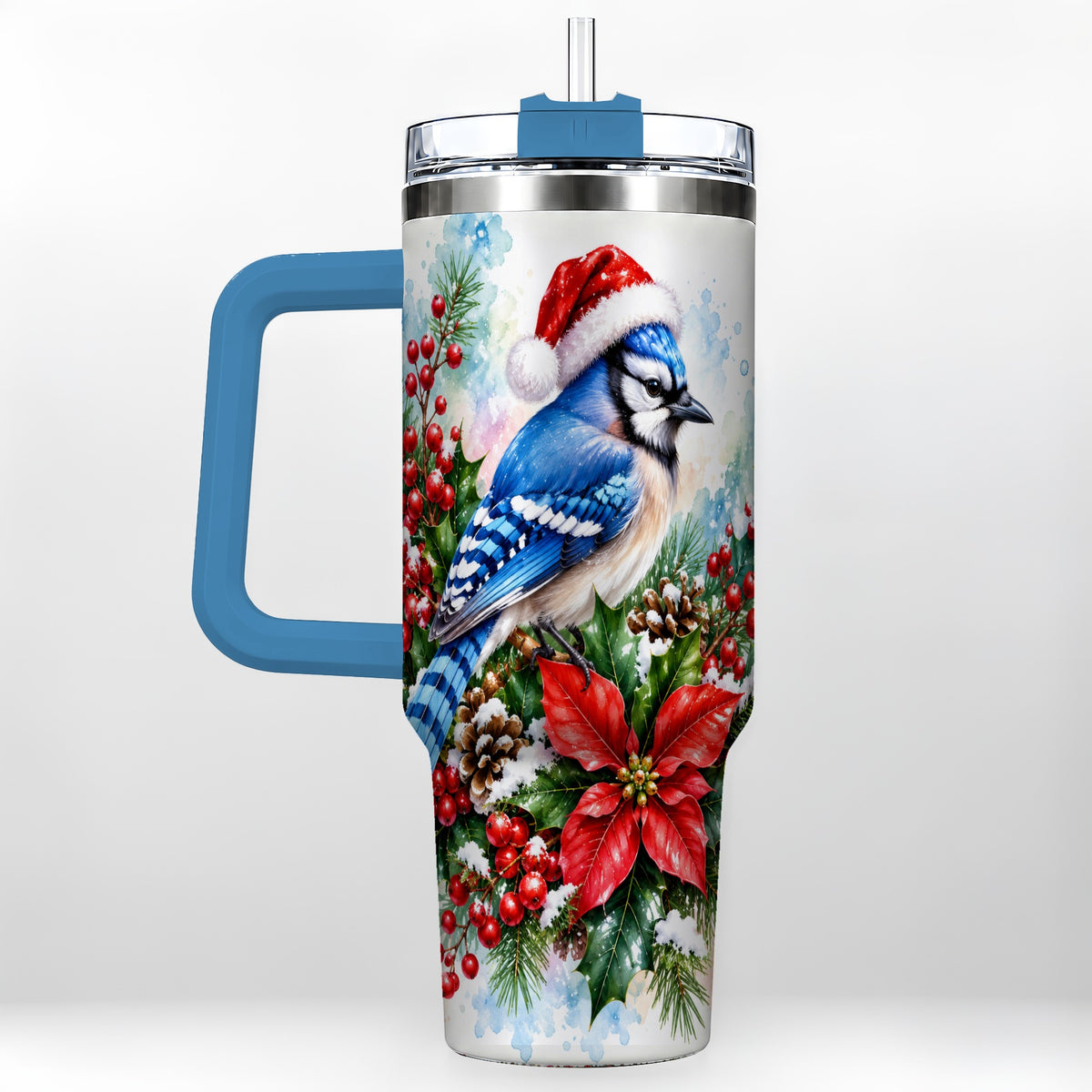#pl[40oz|Blue] Watercolor Blue Jay Tumbler 40oz, Christmas Bird Stainless Steel Travel Cup