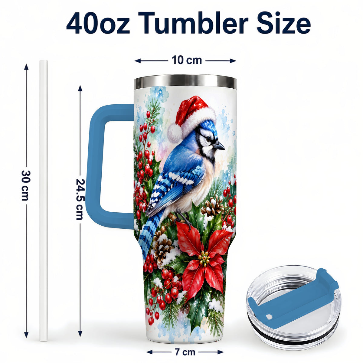 #pl[40oz|Blue] Watercolor Blue Jay Tumbler 40oz, Christmas Bird Stainless Steel Travel Cup