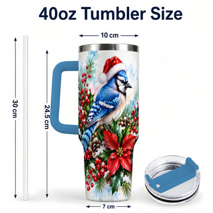 #pl[40oz|Blue] Watercolor Blue Jay Tumbler 40oz, Christmas Bird Stainless Steel Travel Cup
