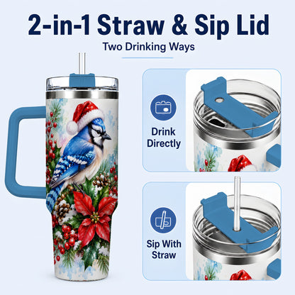 #pl[40oz|Blue] Watercolor Blue Jay Tumbler 40oz, Christmas Bird Stainless Steel Travel Cup