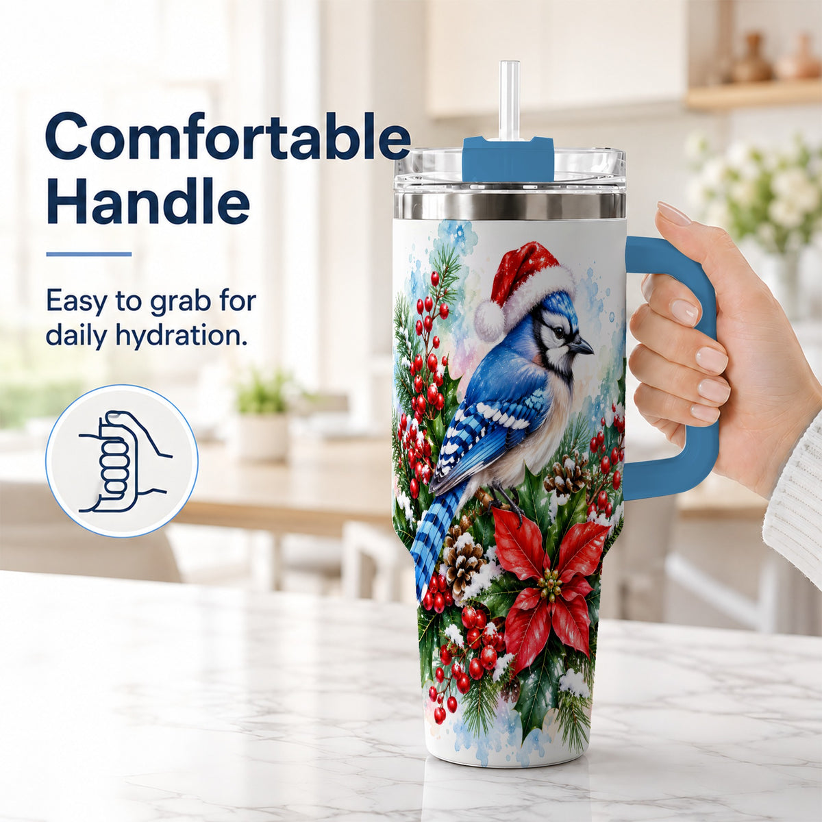 #pl[40oz|Blue] Watercolor Blue Jay Tumbler 40oz, Christmas Bird Stainless Steel Travel Cup
