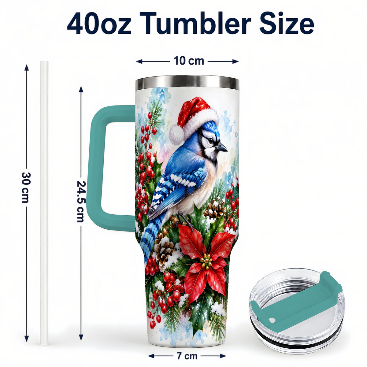 #pl[40oz|Green] Watercolor Blue Jay Tumbler 40oz, Christmas Bird Stainless Steel Travel Cup