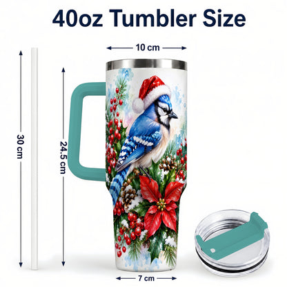 #pl[40oz|Green] Watercolor Blue Jay Tumbler 40oz, Christmas Bird Stainless Steel Travel Cup