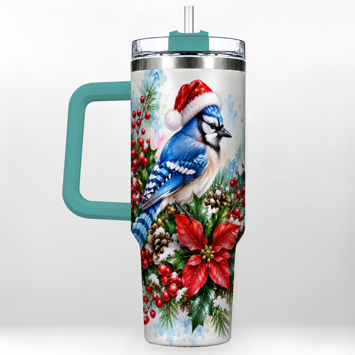 #pl[40oz|Green] Watercolor Blue Jay Tumbler 40oz, Christmas Bird Stainless Steel Travel Cup