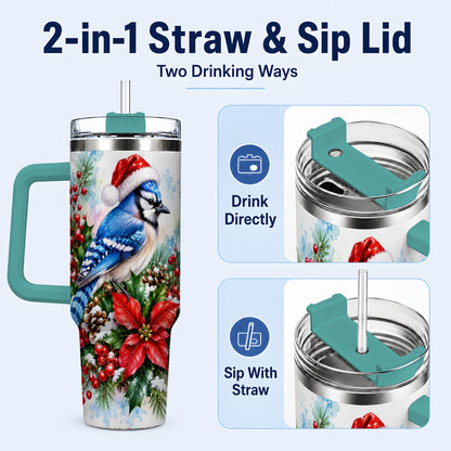 #pl[40oz|Green] Watercolor Blue Jay Tumbler 40oz, Christmas Bird Stainless Steel Travel Cup