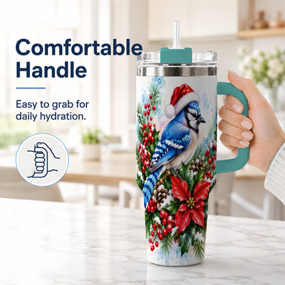 #pl[40oz|Green] Watercolor Blue Jay Tumbler 40oz, Christmas Bird Stainless Steel Travel Cup