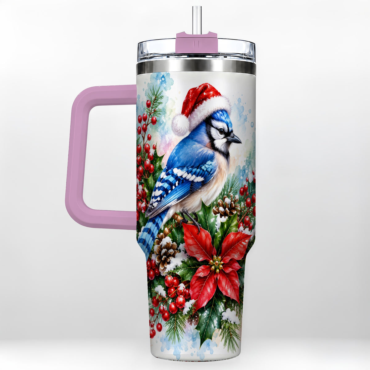 #pl[40oz|Pink] Watercolor Blue Jay Tumbler 40oz, Christmas Bird Stainless Steel Travel Cup