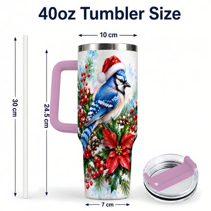 #pl[40oz|Pink] Watercolor Blue Jay Tumbler 40oz, Christmas Bird Stainless Steel Travel Cup