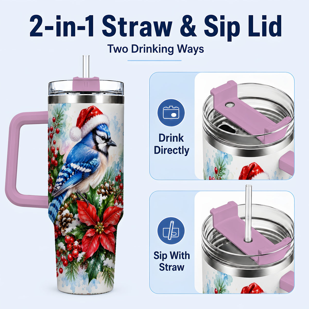 #pl[40oz|Pink] Watercolor Blue Jay Tumbler 40oz, Christmas Bird Stainless Steel Travel Cup