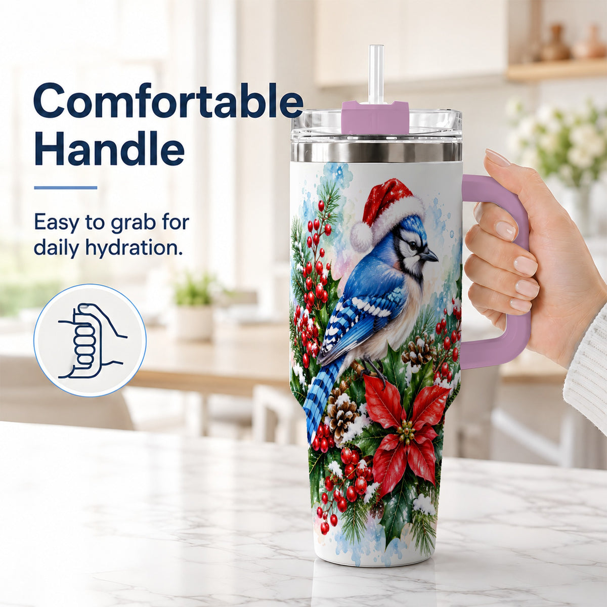 #pl[40oz|Pink] Watercolor Blue Jay Tumbler 40oz, Christmas Bird Stainless Steel Travel Cup