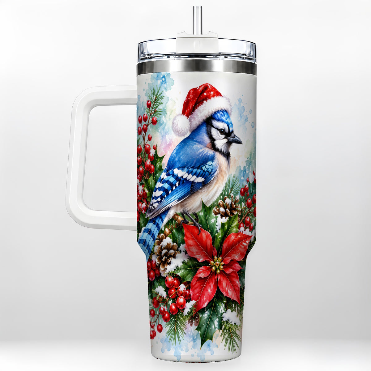 Watercolor Blue Jay Tumbler 40oz, Christmas Bird Stainless Steel Travel Cup