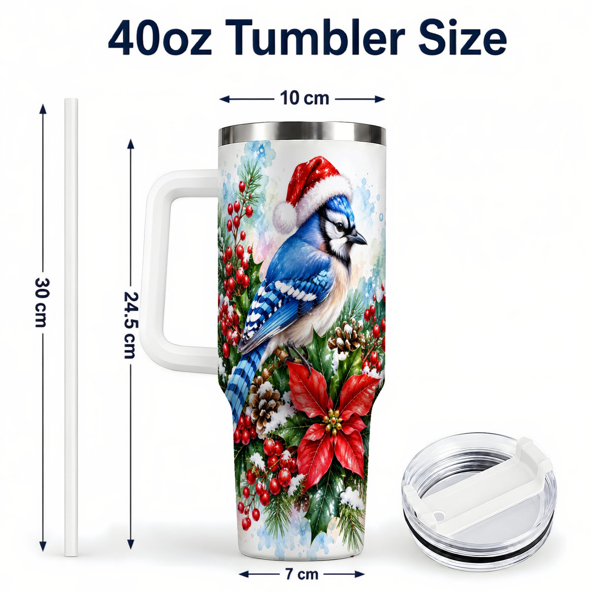 #pl[40oz|White] Watercolor Blue Jay Tumbler 40oz, Christmas Bird Stainless Steel Travel Cup