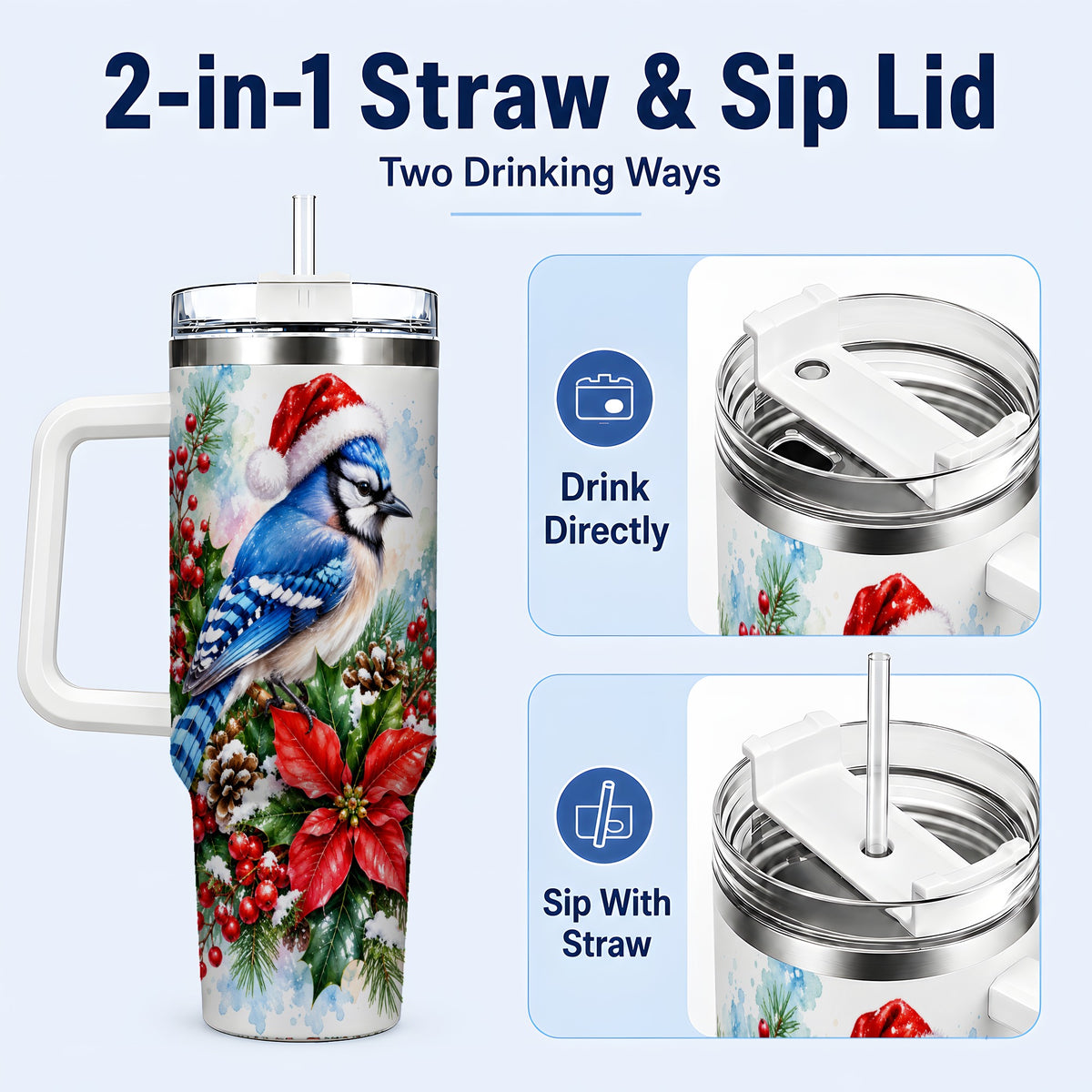 #pl[40oz|White] Watercolor Blue Jay Tumbler 40oz, Christmas Bird Stainless Steel Travel Cup
